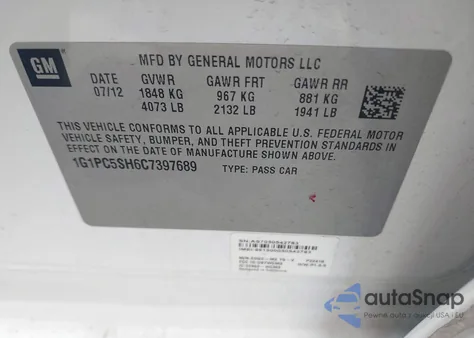 2012 Chevrolet Cruze Ls из США, поврежденный, VIN 1G1PC5SH6C7397689